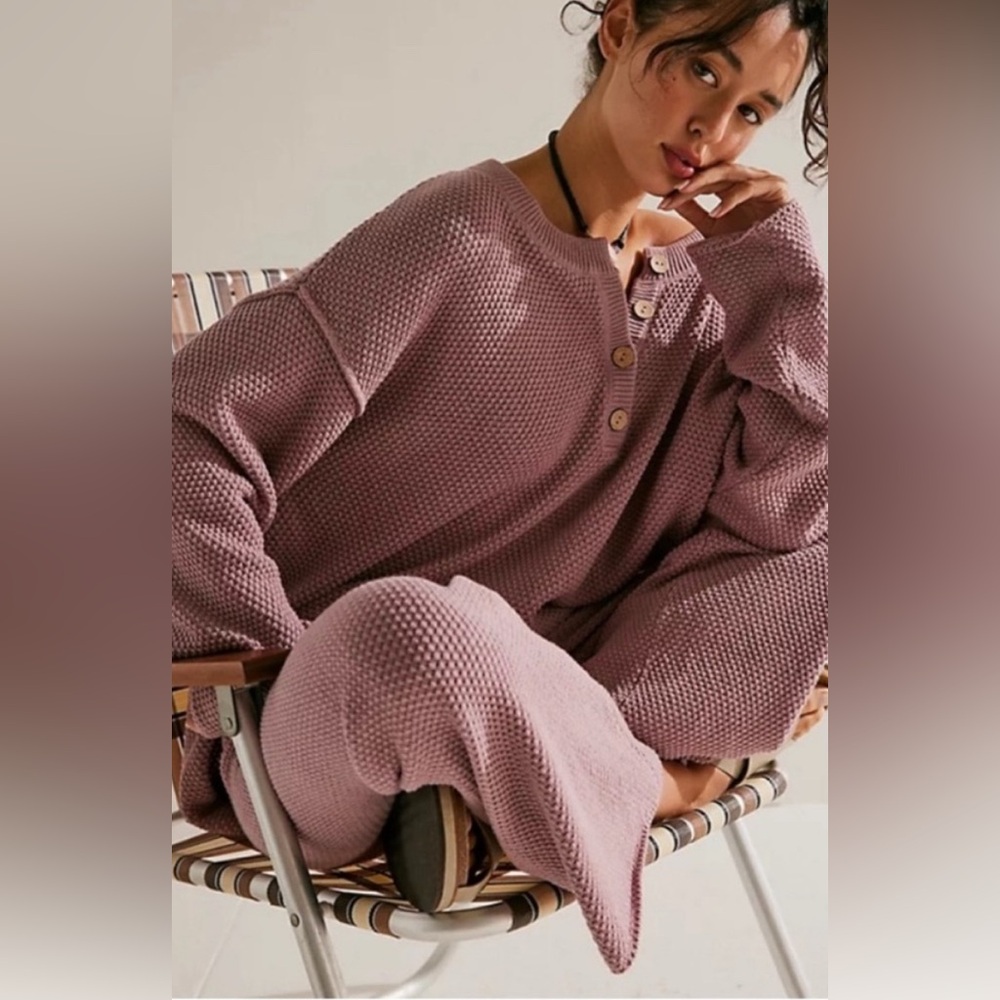 Free People Dusty Mauve Waffle Henley Sweater - Picture 1 of 6